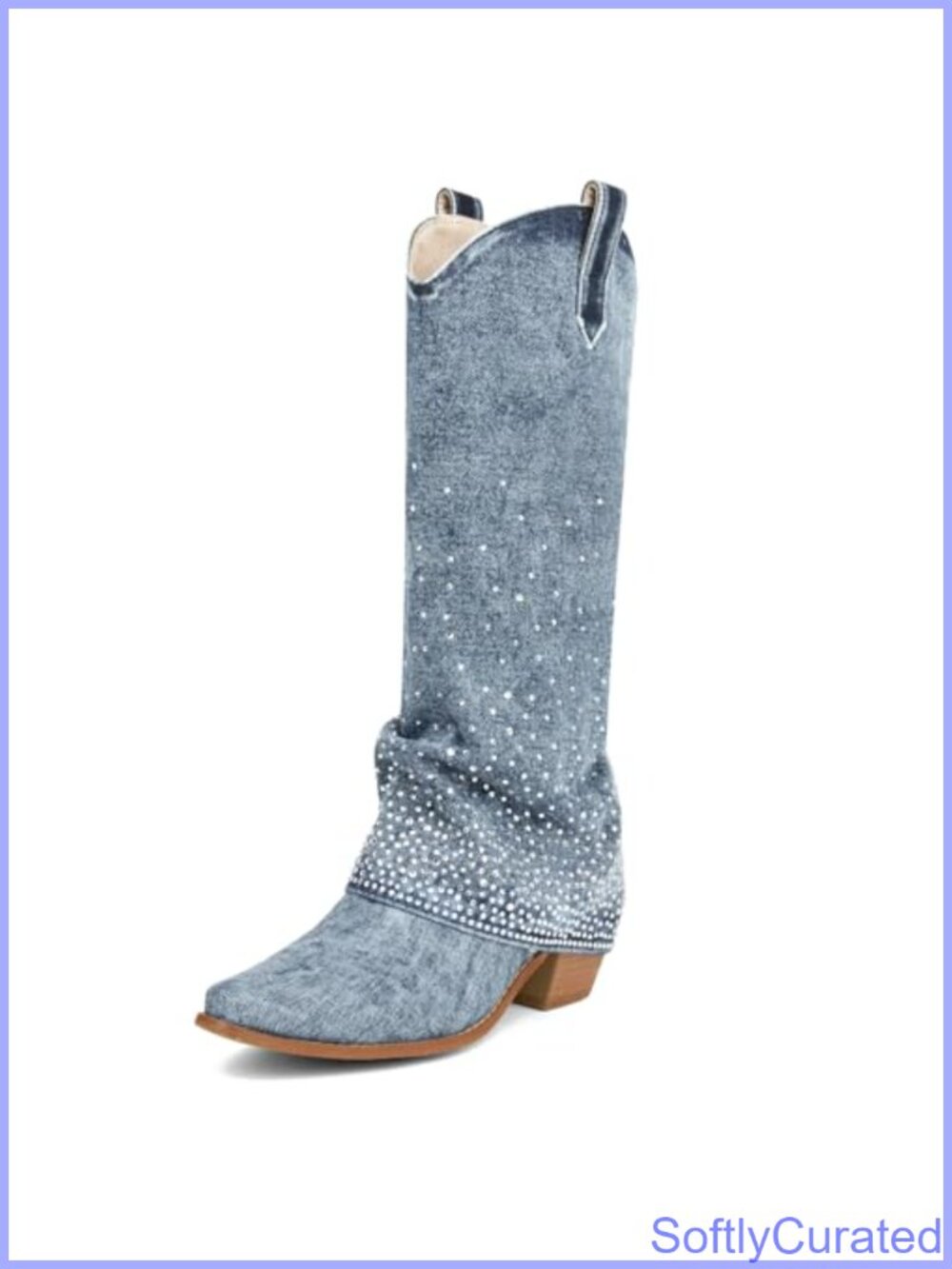 Rhinestone Denim Cowboy Boots Fold Over Knee High Women
